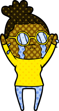 Bir insan tarafından çizilmiş gözlüklü, ağlayan bir kadın.