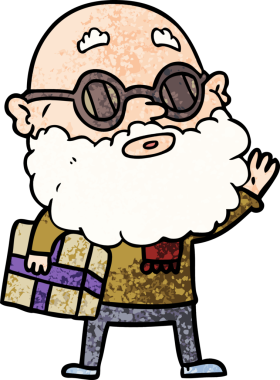 Çizgi film meraklısı, sakallı, güneş gözlüklü ve bir insan tarafından çizilmiş.