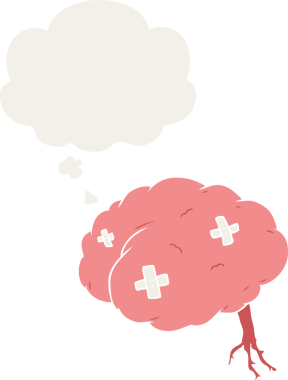 insan tarafından çizilmiş, düşünce baloncuğu şeklinde yaralı bir beyin.