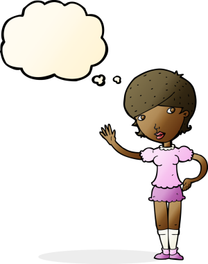 Bir insan tarafından çizilmiş düşünce baloncuğuyla el sallayan çizgi film kızı.