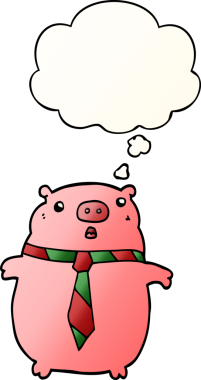 Bir insan tarafından çizilmiş, düşünce baloncuklu, ofis kravatlı çizgi film domuzu.
