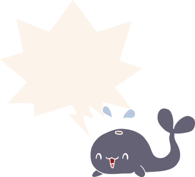 Bir insan tarafından çizilmiş, konuşma baloncuklu mutlu balina çizgi filmi.