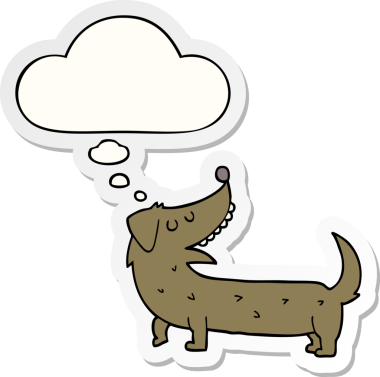 İnsan tarafından çizilmiş bir çıkartma olarak düşünce baloncuğu olan çizgi film köpeği.