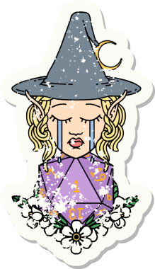 Ağlayan bir elf cadısının grunge çıkartması ve bir insan tarafından çizilmiş doğal bir D20 rulosu.