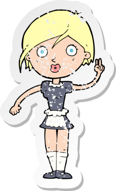 Bir insan tarafından çizilmiş el hareketi yapan çizgi film garsonunun gerilimli retro çıkartması.