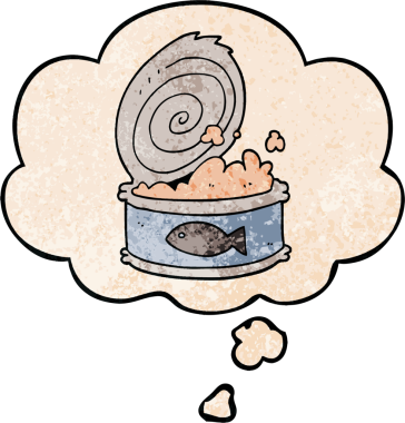 Bir insan tarafından çizilmiş grunge desenli düşünce baloncuklu konserve yemekler.