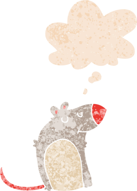 Düşünce baloncuklu çizgi film şişman sıçan grunge sıkıntılı retro dokuma bir insan tarafından çizilmiş