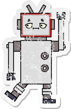 Bir insan tarafından çizilmiş sevimli bir robot çizgi film çıkartması.