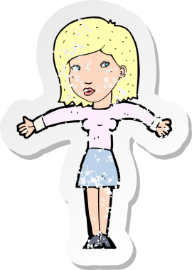 Bir insan tarafından çizilmiş omuzlarını silken karikatürlü bir kadının gerilmiş çıkartması.