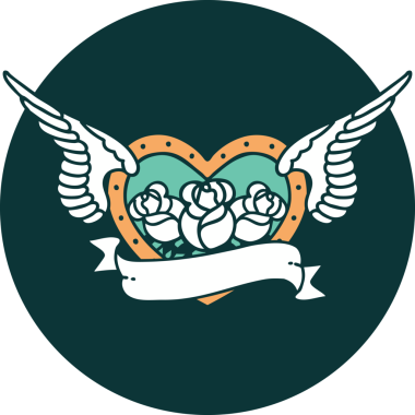 Bir insan tarafından çizilmiş çiçek ve bayrak ile uçan bir kalbin ikonik dövme görüntüsü