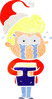 Bir insan tarafından çizilmiş Noel Baba şapkası giymiş ağlayan bir adamın el çizimi karikatürü.