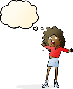 Bir insan tarafından çizilmiş düşünce baloncuğuyla topuklu ayakkabıyla yürüyen bir kadın.