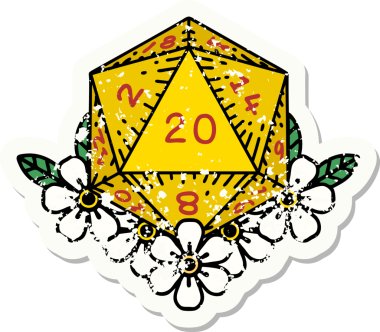 Bir insan tarafından çizilmiş çiçek elementleriyle 20 D20 zarının grunge sticker 'ı.
