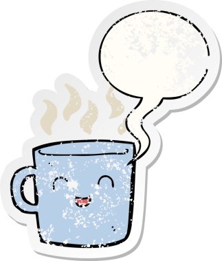 Konuşma baloncuklu şirin kahve fincanı karikatürü bir insan tarafından çizilmiş sıkıntılı eski bir çıkartma.