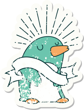 Dövme stili eski bir çıkartma. Bir insan tarafından çizilmiş mutlu penguen.