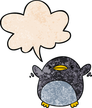 Bir insan tarafından çizilmiş eski moda konuşma baloncuğu ile kanat çırpan sevimli penguen çizgi filmi.