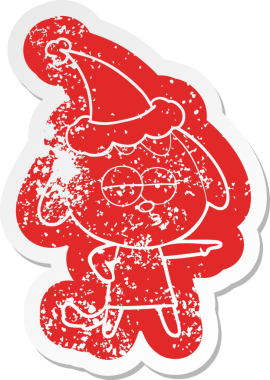 Bir insan tarafından çizilmiş Noel Baba şapkası takan canı sıkkın bir köpeğin garip karikatürü.