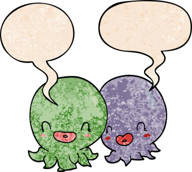 İki ahtapot insan tarafından çizilmiş eski moda konuşma baloncuklu.