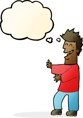 Bir insan tarafından çizilmiş düşünce balonlu gülen adam.