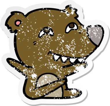 Bir insan tarafından çizilmiş dişleri gösteren bir çizgi film ayısının sıkıntılı çıkartması.