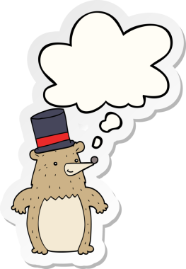 Düşünce baloncuğu olan silindir şapkalı çizgi film ayısı bir insan tarafından çizilmiş çıkartma.