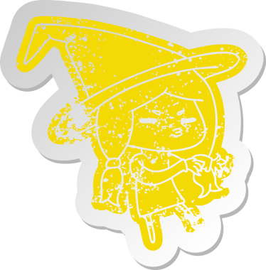 Bir insan tarafından çizilmiş sevimli bir cadı olan Kawaii 'nin sıkıntılı eski çizgi film çıkartması.