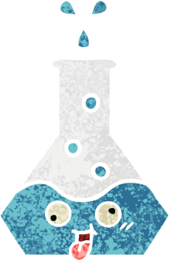 Bir insan tarafından çizilmiş bir deney şişesinin retro çizim tarzı karikatürü.