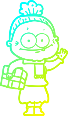 Bir insan tarafından çizilmiş, mutlu, yaşlı bir kadının çizimi.