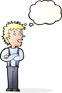 Bir insan tarafından çizilmiş düşünce balonuyla kollarını kavuşturmuş çizgi film çocuğu.