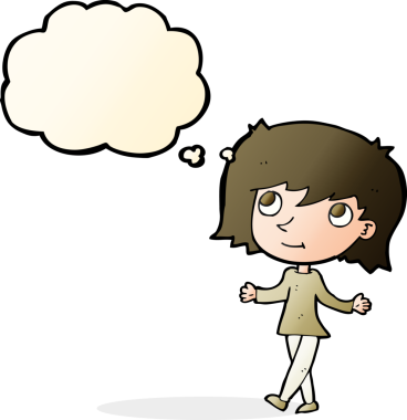 Bir insan tarafından çizilmiş düşünce baloncuğu ile tasasız çizgi film kızı.