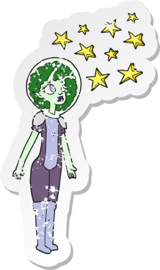 Bir insan tarafından çizilmiş uzaylı bir uzay kızının gerilimli çıkartması.