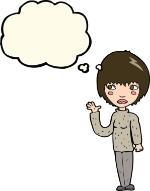 Bir insan tarafından çizilmiş düşünce baloncuğuyla el sallayan çizgi film kadını.