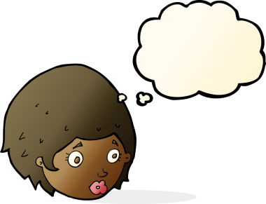 Bir insan tarafından çizilmiş düşünce baloncuğuyla ilgili endişeli bir ifadesi olan çizgi film kızı.