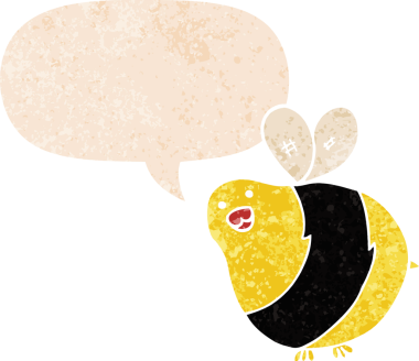 Konuşma baloncuğu olan çizgi film arısı bir insan tarafından çizilmiş dertli retro desenli.