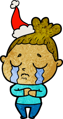 Bir insan tarafından çizilmiş, ağlayan, Noel Baba şapkası takan bir kadının el çizimi.