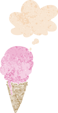 Düşünce baloncuklu çizgi film dondurması grunge sıkıntılı retro desenli bir insan tarafından çizilmiş