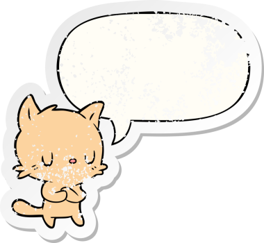 Konuşma baloncuğu olan sevimli çizgi film kedisi bir insan tarafından çizilmiş sıkıntılı eski bir çıkartma