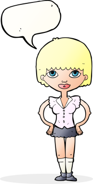 Bir insan tarafından çizilmiş konuşma balonlu elleri olan çizgi film kadını.