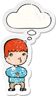 Düşünce baloncuğuyla düşünen karikatürist, insan tarafından çizilmiş yıpranmış bir çıkartma gibidir.