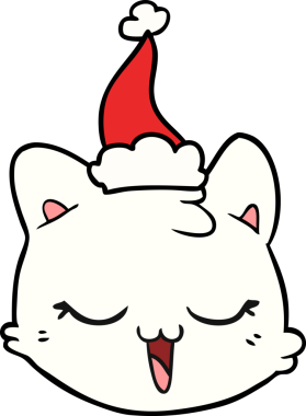 Bir insan tarafından çizilmiş Noel Baba şapkası takan bir kedi yüzü çizilmiş.