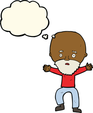 Bir insan tarafından çizilmiş düşünce baloncuğuyla panikleyen yaşlı bir adam.