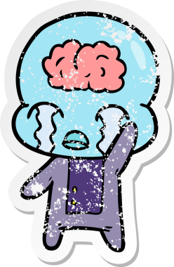 Bir çizgi filmin sıkıntılı çıkartması. Bir insan tarafından çizilmiş büyük beyinli uzaylı ağlaması.