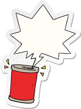 Bir insan tarafından çizilmiş konuşma balonu etiketli karikatür soda kutusu.