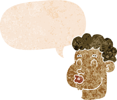 bir insan tarafından çizilmiş, grunge dertli retro tarzı konuşma baloncuğu ile çizgi film erkek yüzü