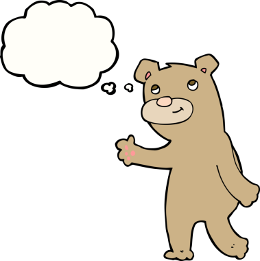 Bir insan tarafından çizilmiş düşünce baloncuklu mutlu sallanan ayı.