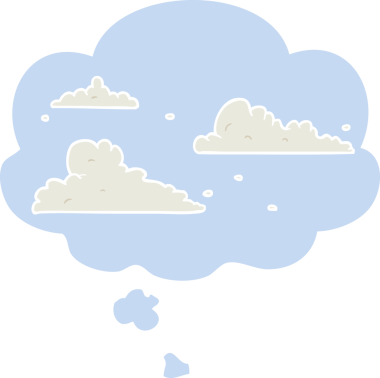 Düşünce baloncuğu olan karikatür bulutları insan tarafından çizilmiş.