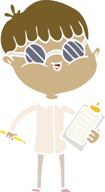 Bir insan tarafından çizilmiş gözlük takan düz renkli çizgi film çocuğu.