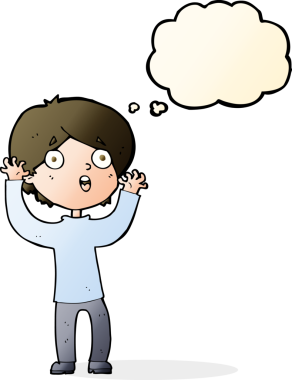 Bir insan tarafından çizilmiş düşünce baloncuğu olan korkmuş bir adam.