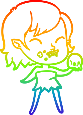 Gökkuşağı gradyan çizgisi. Bir insan tarafından çizilmiş yanağında kan olan vampir bir kız çizgi filmi.