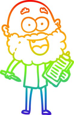 Karikatür çizen gökkuşağı gradyan çizimi. Sakallı ve pano çizen çılgın mutlu adam. Bir insan tarafından çizilmiş notlar.